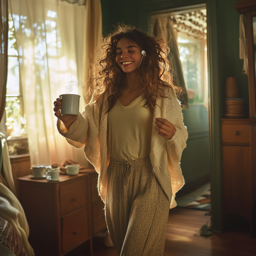 A Young Woman Dancing Freely in Cozy Space