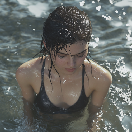 A Young Woman Emerging from Water peacefully