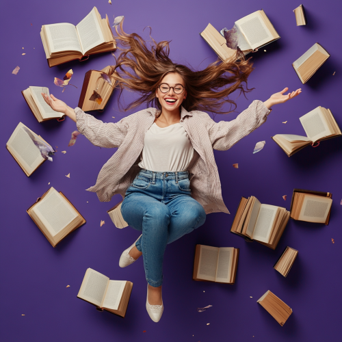 A Young Woman Flying with Fantasy Books