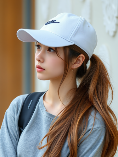 A Young Woman with Ponytail Wearing a Cap