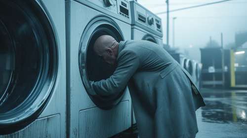 A bald man crawls into a washing machine.