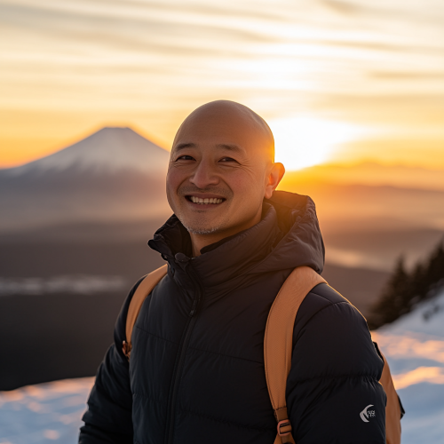 A bald person smiles in winter sunrise photo