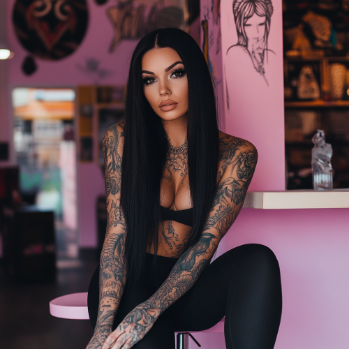 A beautiful girl with tattoos doing a tattoo
