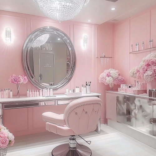 A beautiful pink bedroom with silver and white accents