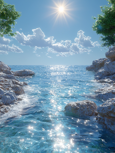 A beautiful realistic nature view with water, sky, sun