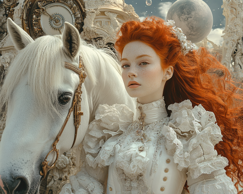 A beautiful red-haired woman holding a white horse