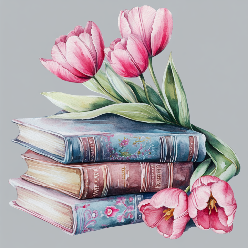 A beautiful stack of books with tulip petals A beautiful stack of books with tulip petals