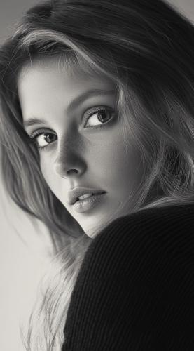 A beautiful woman from the 1970s looks directly ahead.