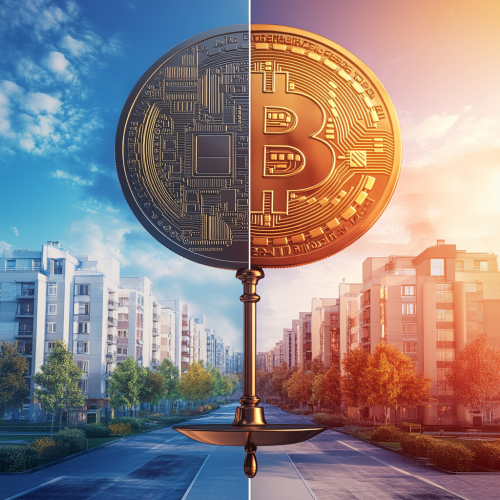 A big Bitcoin symbol and building scale