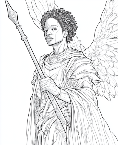 Coloring book of An angel with sword in hand.