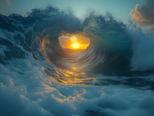 A big blue wave splashes under bright sun