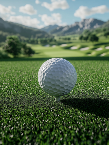 Golf ball on tee with green course