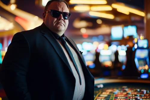 A big pit boss in suit by table casino.