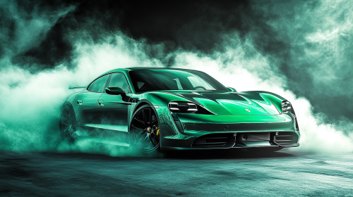 A black Porsche Taycan drifts emitting green smoke