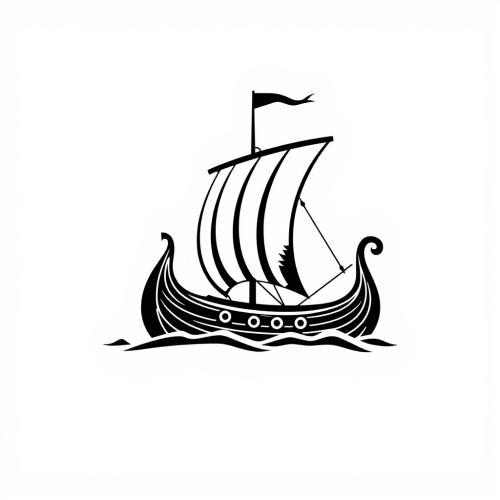 A black and white Viking longship logo