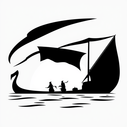 A black and white Viking longship silhouette.