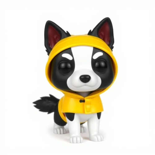 A black and white dog in yellow coat.