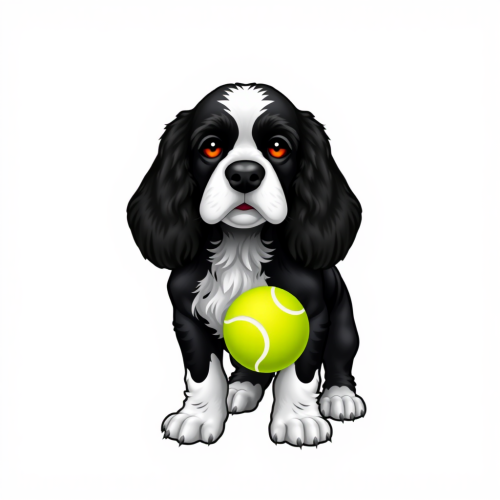 A black and white dog playing with ball.