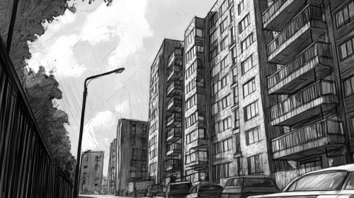 A black and white drawing of city apartments
