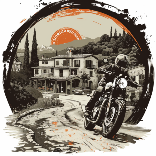 A black and white logo with orange accents