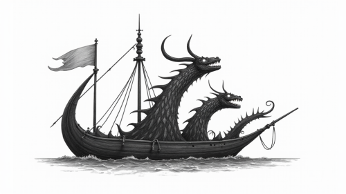 A black and white sea monster and a Viking boat.