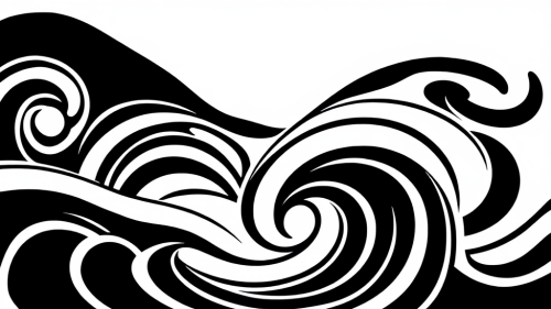 A black and white swirling water artwork.