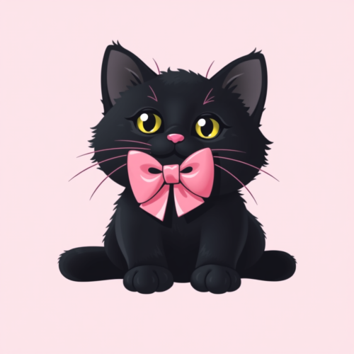 A black cat with a pink bow on head.