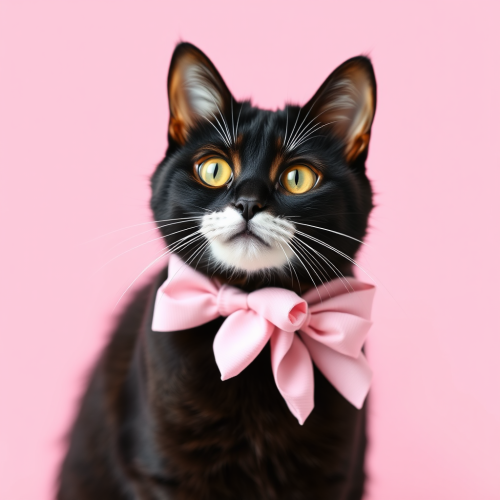 A black cat with bow on pink background.