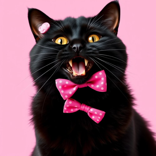 A black cat with pink bow smiles.