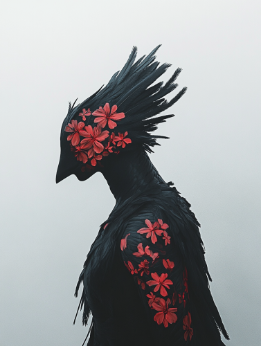 A black creature with red patterns and feathers