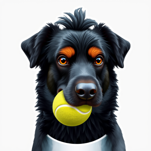 A black dog with brown eyebrows play tennis.