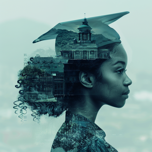 Double Exposure of a black female graduate with university background
