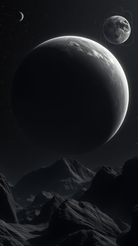 A black planet floating in space.