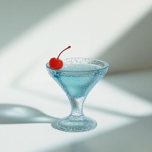 A blue cocktail with bubbles and cherry.