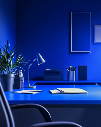 A blue desk with a blue cube