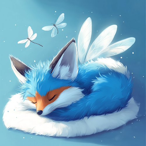A blue fox sleeping on cloud with wings