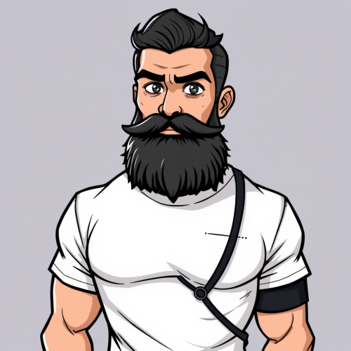 A bodyguard with beard and mustache stands proudly.