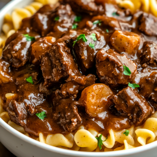 A bowl of savory Crockpot Beef Tips & Noodles
