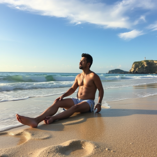 A boy wearing swim trunks at the beach. A boy wearing swim trunks at the beach.