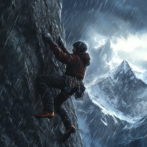 A brave climber conquers a stormy cliff