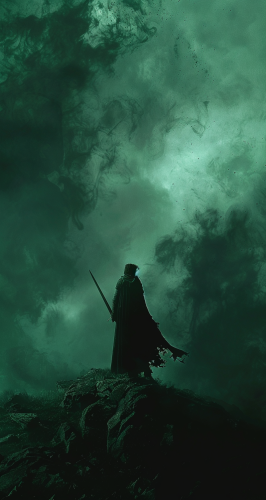 A brave knight with sword on hill