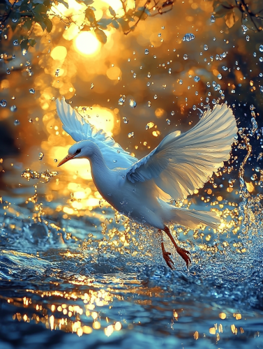 A breathtaking blue phoenix emerging from crystal water