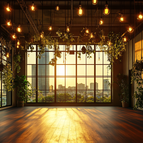 A bright performance room with stage and plants.