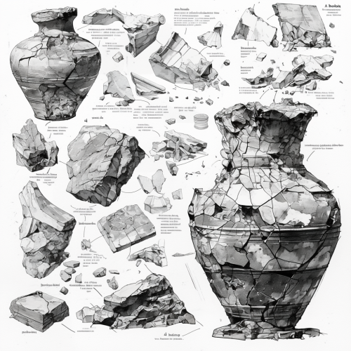 A broken old vase in pencil sketch