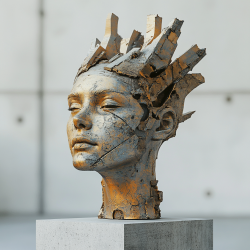 A bronze sculpture of a glitched punk woman