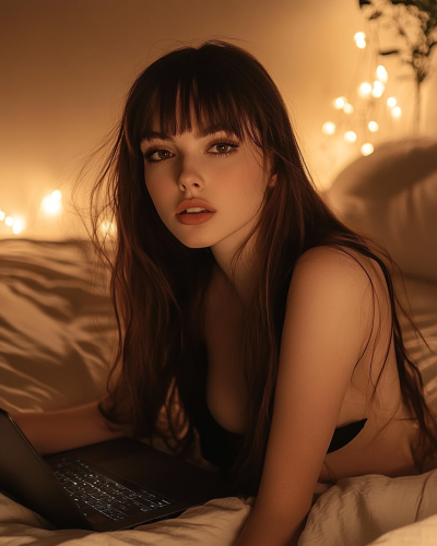 Brunette Woman Watching Laptop in Bedroom at Night