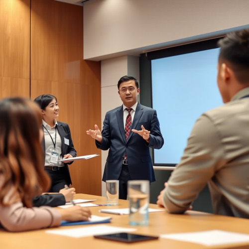 A businessman from Asia teaches university students.
