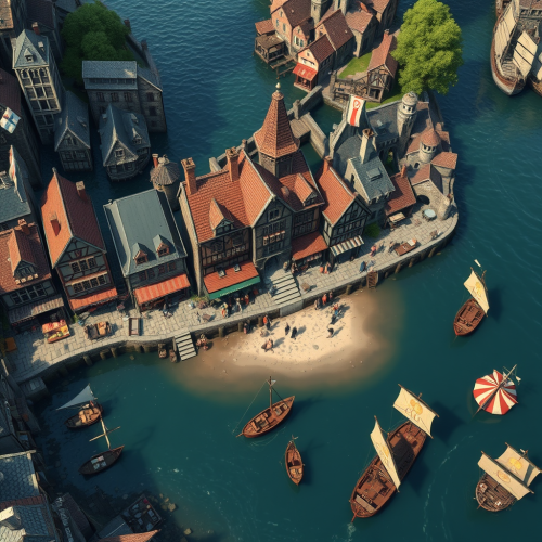 A busy medieval port town by the bay.