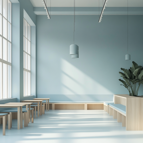 A calming light blue classroom with oak accents.
