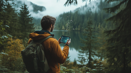 A camper using AR to explore nature